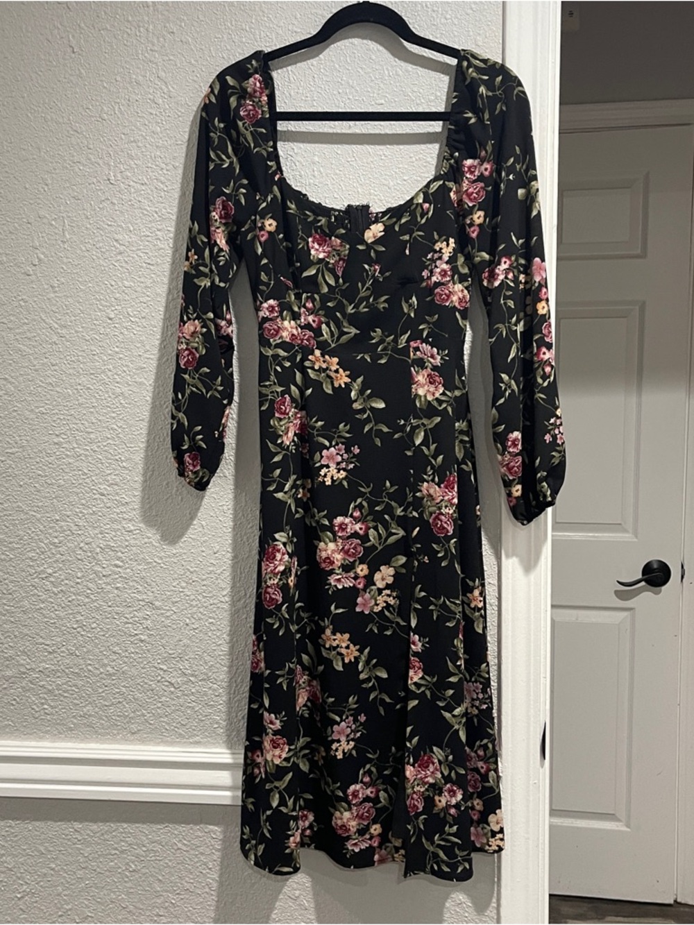 Black Floral Midi Dress Cottagecore Long Sleeve Square Neck Smocked Back S